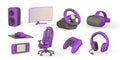3d realistic gamer accessories and equipment set. Monitor, speaker, steering wheel, mouse, headphones, chair, VR glasses, game pad