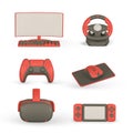 3d realistic gamer accessories and equipment set. VR glasses, laptop, steering wheel, game pad, headphones. Vector illustration