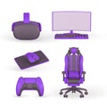 3d realistic gamer accessories and equipment set. VR glasses, monitor, keyboard, game pad, chair. Vector illustration