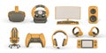 3d realistic gamer accessories and equipment set. VR glasses, speaker, steering wheel, headphones, chair, game pad. Vector