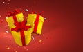 3D realistic gift boxes with red bow. Paper yellow boxes with ribbon and shadow isolated on red background. Vector illustration Royalty Free Stock Photo