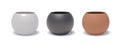 3D realistic glossy white, black and terracotta ceramic flower pots. Three-dimensional empty reservoirs for house plant