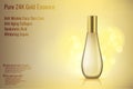 3D Realistic Gold perfume bottle mockup with golden bokeh. Glass cosmetic Contained product advertising. Cosmetic Woman
