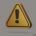 3d Realistic gold triangle warning sign isolated on white background. Hazard warning attention sign with exclamation mark symbol. Royalty Free Stock Photo