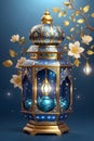 3D Realistic golden Ramadan lantern with arabic jasmins,isolated on Islamic moonlight blue sparkle background.