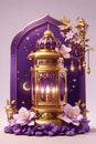 3D Realistic golden Ramadan lantern with arabic jasmins,isolated on Islamic moonlight purple sparkle background.