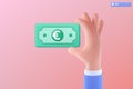 3d realistic hand hold euro bill icon symbol. Money cash, currency sign, investment, profit or gain, finance or casino concept. 3D Royalty Free Stock Photo