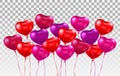 3d realistic heart ballons set. Bunch of glossy red, pink, purple heart balloons on transparent background. Holiday Royalty Free Stock Photo