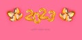 2023 3d Realistic Holographic Foil golden Balloons on pink background with heart balloons. 3d rendering Merry Christmas