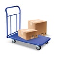 3d realistic icon illustration of blue baggage or cargo trolley with boxes on top of it. Isolated on white background.