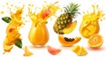 The 3d realistic icon set contains orange paint splashes of mango, pineapple, and papaya juice. Royalty Free Stock Photo