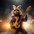 3d realistic illustration of a rockabilly bunny with sunglasses playing an electric guitar.