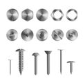 3d realistic illustration of stainless steel bolts, nails and screws on white background