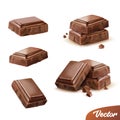 3d realistic isolated vector icon set, pieces of milk or dark chocolate with crumbs, movable Royalty Free Stock Photo