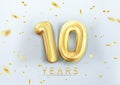 3d realistic isolated vector with number ten, 10, gold helium balloons for your design decoration, party, birthday, ads
