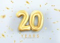 3d realistic isolated vector with number twenty, 20, gold helium balloons for your design decoration, party, birthday, ads