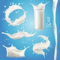 3D realistic isolated vector set, different bursts of milk, yoghurt or cream, transparent glass with a splash, flowing stream,