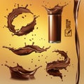 3D realistic isolated vector set, different splashes of chocolate, cocoa or coffee, a transparent glass with a splash, a flowing Royalty Free Stock Photo