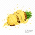 3d realistic isolated vector set of pineapple with juice splash, half pineapple with leaves and splash, falling Royalty Free Stock Photo