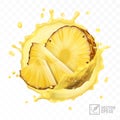 3d realistic isolated vector set of pineapple with juice splash, slices in pineapple juice and pineapple pieces a half Royalty Free Stock Photo