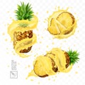 3d realistic isolated vector set of pineapple with juice splash, whole pineapple with leaves and splash, falling pineapple slices Royalty Free Stock Photo