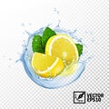 3d realistic isolated vector slices lemon and fresh mint leaves in a splash of water or tea with drops Royalty Free Stock Photo