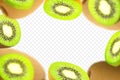 3D realistic kiwi background. Ripe kiwi fruit in motion. Flying defocusing kiwi fruits. Falling kiwi are whole and cut in half.