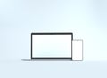 3D realistic laptop with phone mockup. Devices with blank white displays, devices screen frame on the light white