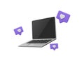 3d realistic laptop with social media likes flying around the device. Online social concept with laptop in cartoon style. Vector Royalty Free Stock Photo
