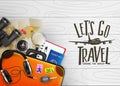 3D Realistic Let`s Go Travel Around The World Creative Banner with Travelling Item