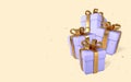 3D realistic light purple gift boxes with golden bow and confetti. Paper boxes with ribbon isolated on light background. Vector Royalty Free Stock Photo