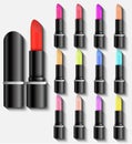 3D realistic lipstick set vector. Isolated glossy makeup cosmetic illustration. Fashion product ads mockup. Advertising template d
