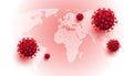 3D realistic liquid coronavirus cells on a world map of the world with red foci of outbreak of viral covid 19