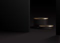 3D realistic luxury modern black and gold cylinder podium stand minimal wall scene dark background