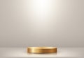 3D realistic luxury style empty golden podium stand with lighting on minimal wall scene beige studio room background