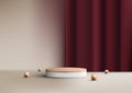 3D realistic luxury style empty wood grain top of white podium cylinder shape product display with red curtain backdrop Royalty Free Stock Photo