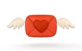 3d realistic mail envelope with wings and heart in cartoon minimal style. Vector illustration