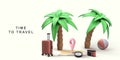 3d realistic marketing poster style with palm tree, compass, map, pointer, suitcase, camera, beach ball. Vector illustration