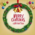 3D Realistic Merry Christmas Wreath Hanging with Colorful Bells