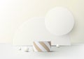 3D realistic minimal luxury style white podium cylinder stand with golden spiral stripes lines and white circle backdrop