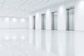 In a 3D realistic modern illustration, white elevators designed for passengers or cargo are displayed with metallic Royalty Free Stock Photo