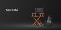 3d realistic movie industry concept. Cinema production design concept. Director chair, clapperboard and megaphone in volumetric Royalty Free Stock Photo