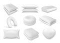 3d realistic neck pillow and sofa cushion mockup. Fluffy bolster pile, heart beanbag top view. Soft orthopedic and travel pillows