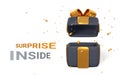 3D realistic open black gift box with gold ribbon and bow. Surprise inside. Vector illustration Royalty Free Stock Photo