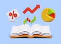 3d realistic open book with red arrow, histogram, percent item and pie diagram