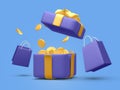 3d realistic open gift box surprise with gold flying coins and shopping bag. Money prize reward. Loyalty program and get rewards