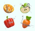 3d realistic orange, green tasty apple, carrot and bell pepper with splash of crystal water