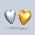 3d realistic pair of silver and golden balloons in heart shape