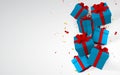 3D realistic paper blue gift boxes with red ribbon and bow. Paper boxes falling with confetti on white background. Vector Royalty Free Stock Photo