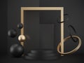 3d realistic pedestal on black background with gold elements, black metallic podium with spheres, rings and boxes